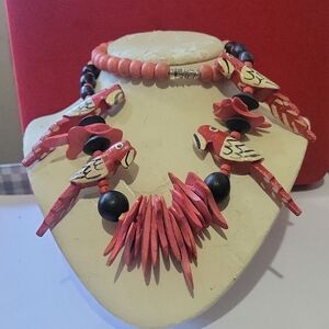 Handcrafted Parrot Necklace - Red and Black 26"